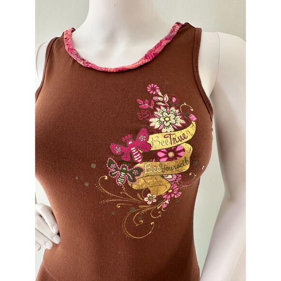 Hilary Duff Vintage Y2k Brown Bee True, Bee Yourself Floral Tank Top size JR XS - Picture 3 of 4